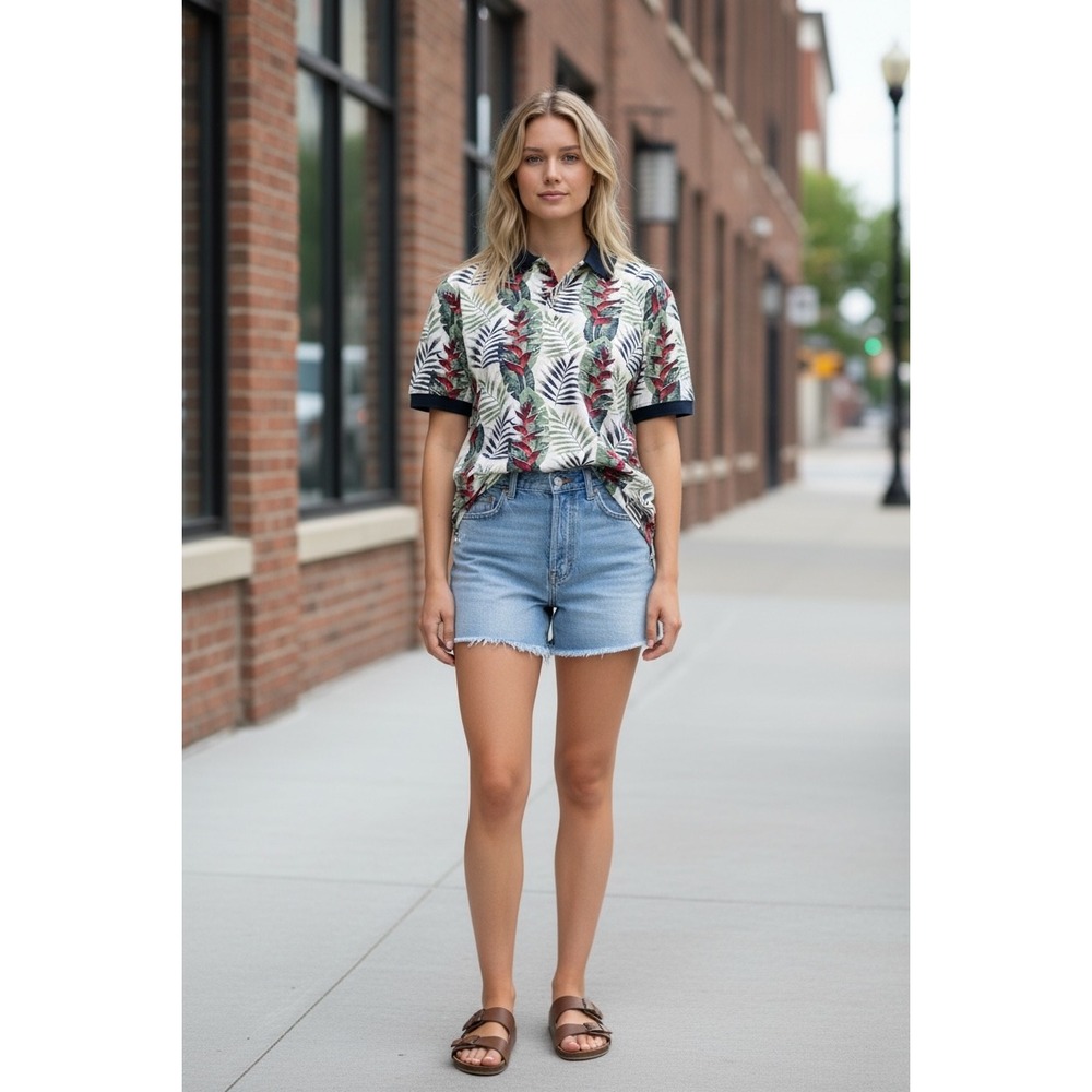 Natural Issue Womens Tropical Leaf Print Polo Shirt White Green Red Cotton Small